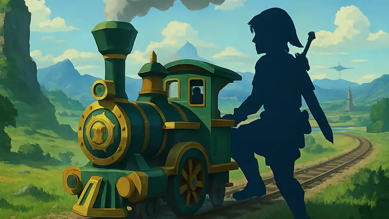 Игрок управляет собственноручно созданным локомотивом в The Legend of Zelda: Tears of the Kingdom, на фоне пейзажей Хайрула.