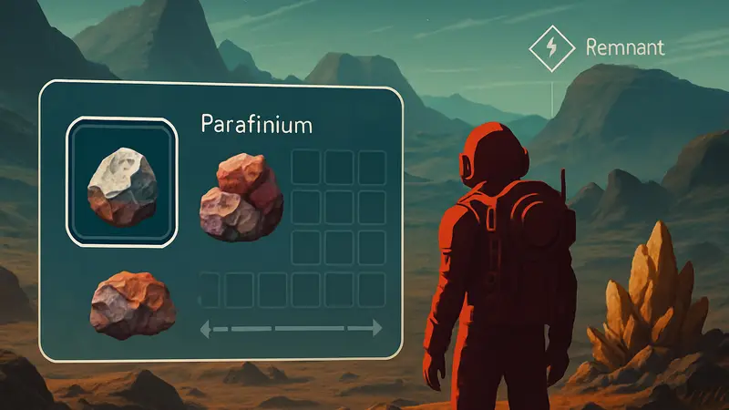 Изображение ресурсов и интерфейса No Man's Sky, с выделенным Парафинием и элементами экспедиции Remnant.