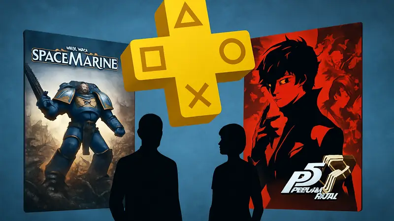 Обложки игр Warhammer 40,000: Space Marine 2 и Persona 5 Royal на фоне логотипа PS Plus