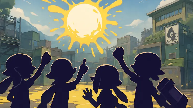 Персонажи Splatoon используют способность 'Booyah Bomb' или приветствуют друг друга.