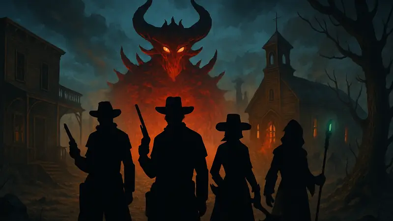 Постер игры The Dark West с персонажами в стиле Дикого Запада и элементами фэнтези Diablo
