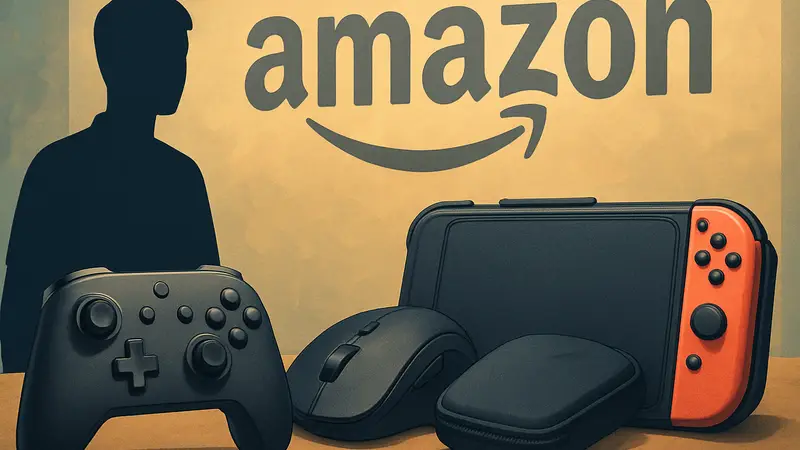 Игровые контроллеры, мыши и чехлы для Nintendo Switch на фоне логотипа Amazon.