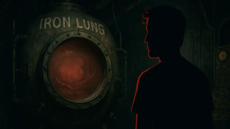Кадр из фильма Iron Lung или постер, с названием фильма и Маркиплаером.