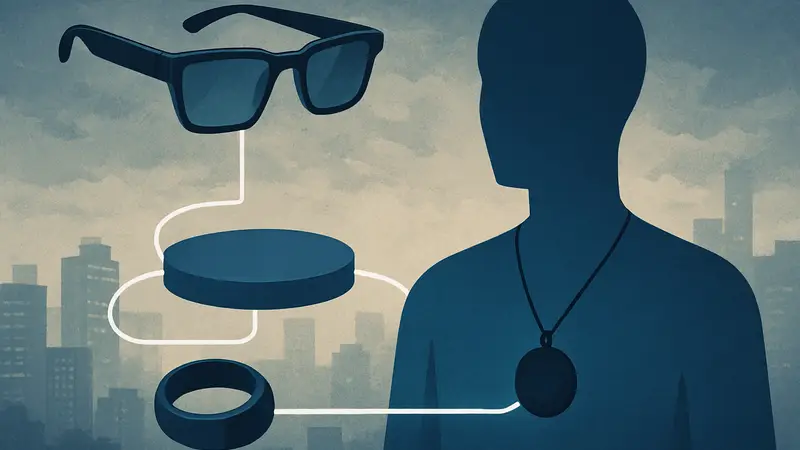 Схематичное изображение ИИ-гаджетов: очки, кольцо и кулон, соединенные общей платформой