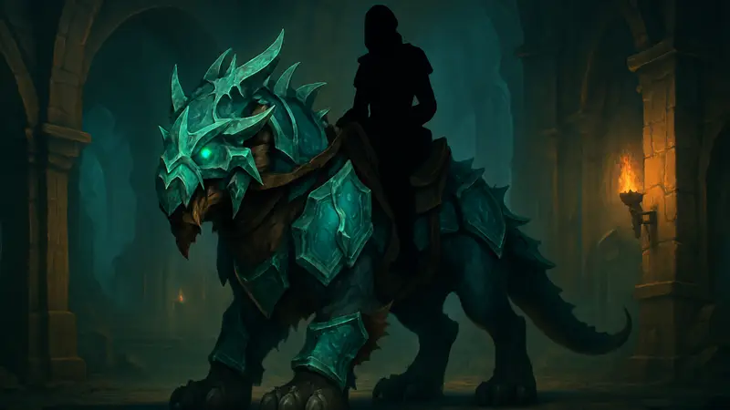 Ездовое животное из World of Warcraft Mythic+ Keystone на фоне подземелья