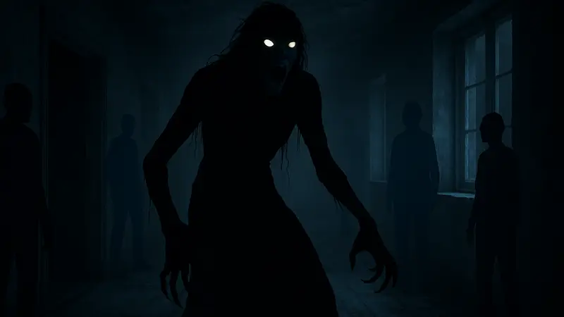 Изображение призрака Асванг в темноте из игры Phasmophobia, с призрачными силуэтами.