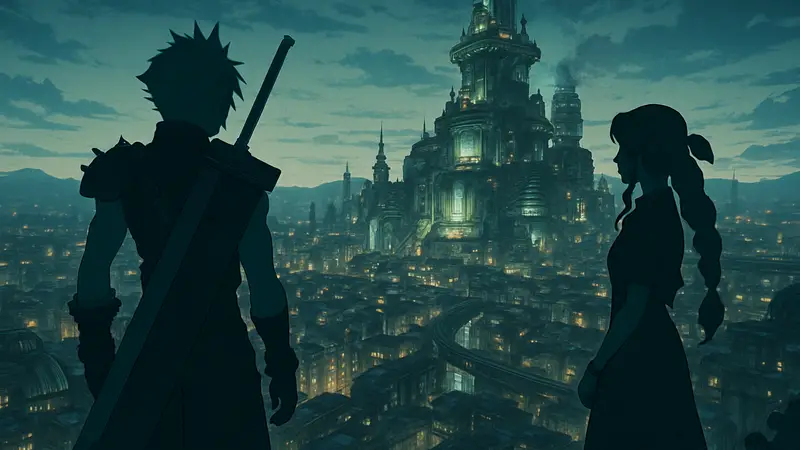 Главные герои Final Fantasy 7 Remake Part 3, Cloud и Aerith, на фоне футуристического города.