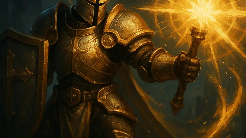 Изображение Паладина из игры Diablo 4, демонстрирующее его броню и способности.