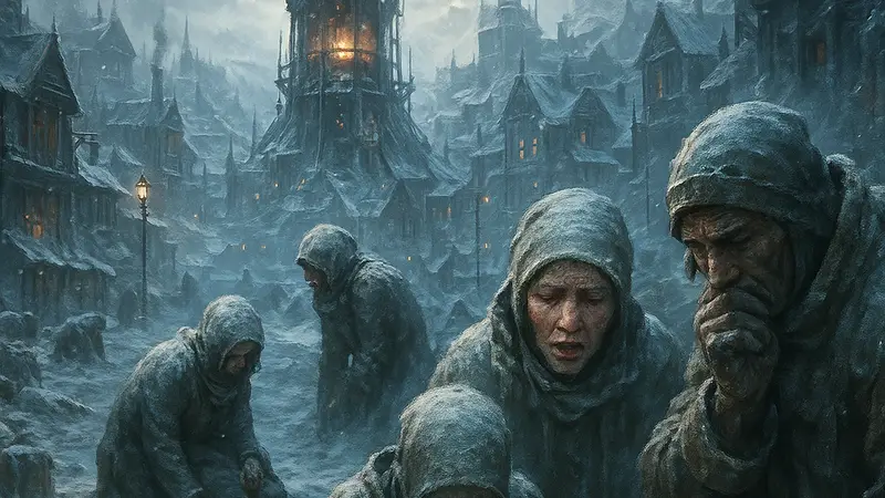 Скриншот из Frostpunk: 1886, показывающий замерзший город и страдающих жителей, с акцентом на детализацию.