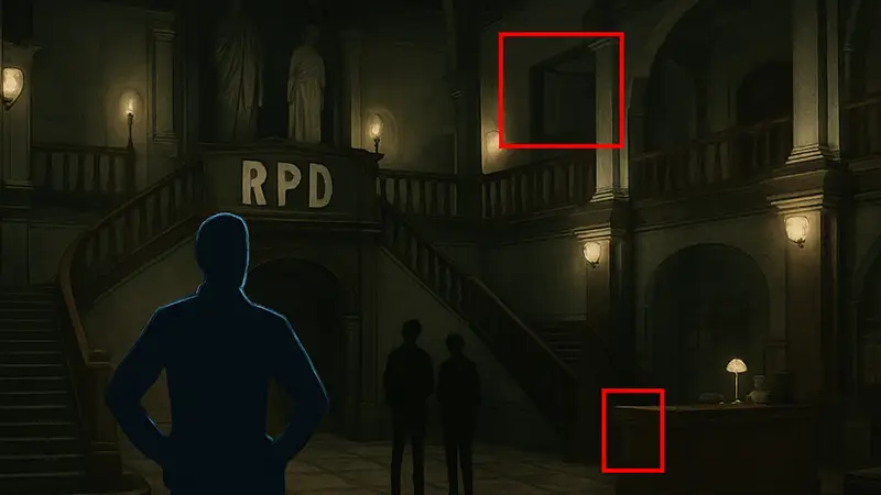 Полицейский участок RPD из Resident Evil с указанием нестыковки.