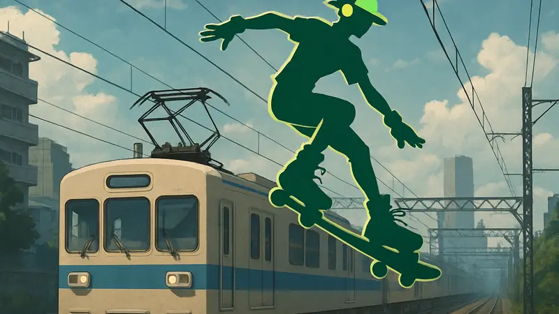 Персонаж из Denshattack! на крыше поезда, стилизованный под Jet Set Radio