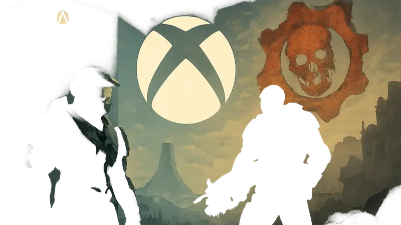 Логотип Xbox на фоне игровой консоли и изображений игр Halo и Gears of War, символизирующих стратегию.