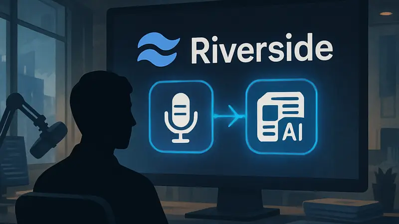 Логотип Riverside с символами подкаста и новостной рассылки, символизирующими интеграцию ИИ.