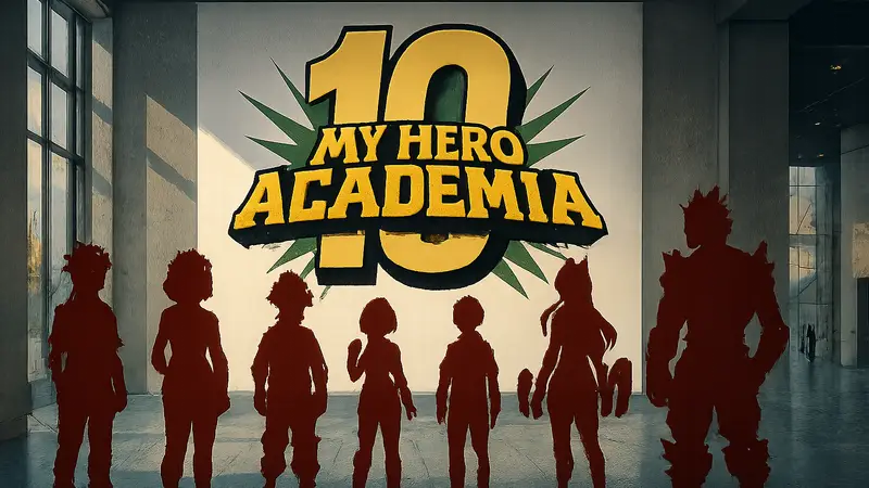 Логотип выставки My Hero Academia, посвященной 10-летию аниме, с персонажами.