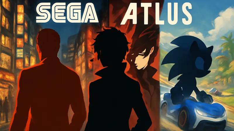 Логотипы Sega и Atlus на фоне изображений из игр Yakuza, Persona и Sonic Racing, символизирующие распродажу.