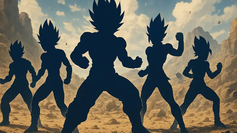 Пять сильнейших сайянов из Вселенной 6 Dragon Ball Super в боевых позах, демонстрирующих мощь.