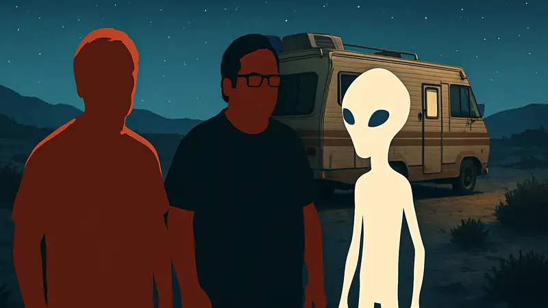 Кадр из фильма "Пол: Секретный материальчик" с Саймоном Пеггом, Ником Фростом и инопланетянином Полом.