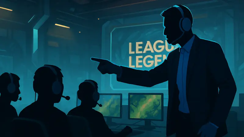 Изображение тренера киберспортивной команды League of Legends, дающего указания игрокам.