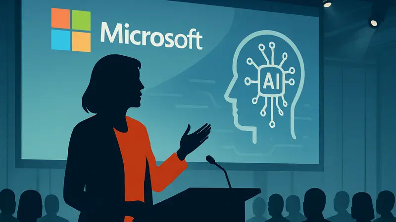 Вице-президент Microsoft Аманда Силвер выступает на конференции, обсуждая влияние ИИ на мир стартапов.