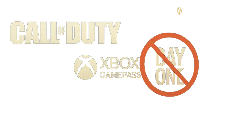 Логотипы Call of Duty и Xbox Game Pass с перечеркнутым символом 'Day One' на фоне консоли Xbox.