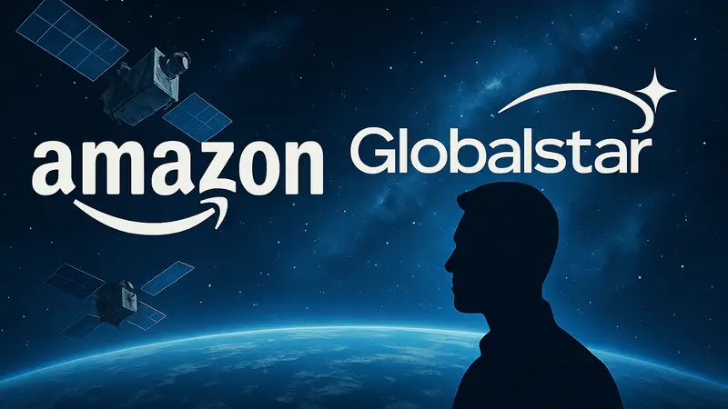 Логотипы Amazon и Globalstar на фоне спутников в космосе.