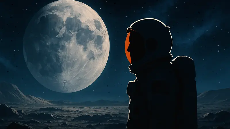 Райан Гослинг в скафандре астронавта из фильма "Человек на Луне", на фоне космического пейзажа.