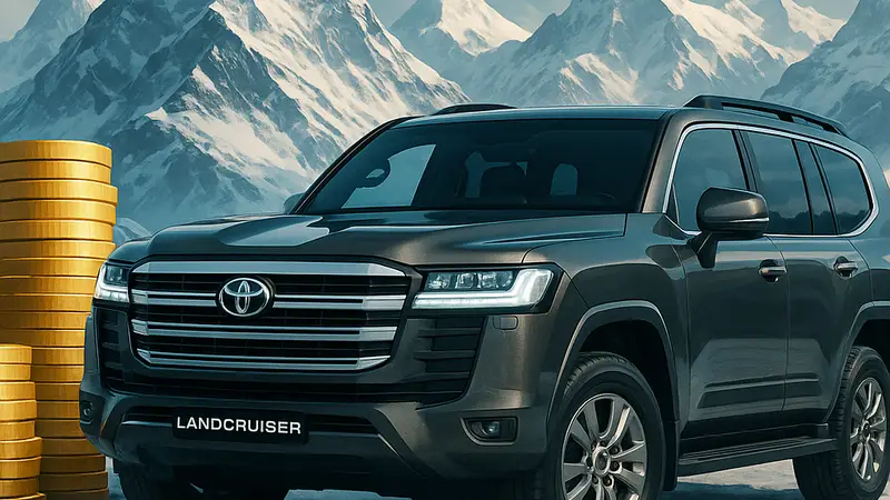 Новый внедорожник Toyota Land Cruiser на фоне заснеженных гор, символизирующий высокую стоимость.