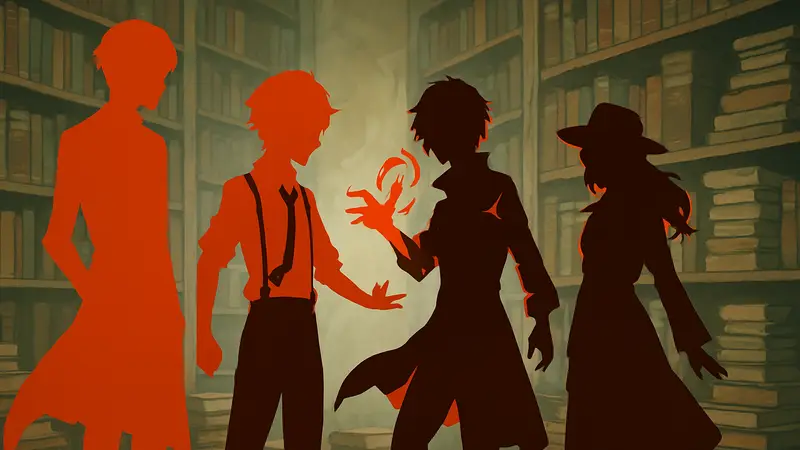 Персонажи аниме Bungo Stray Dogs с их сверхъестественными способностями, на фоне литературных книг.