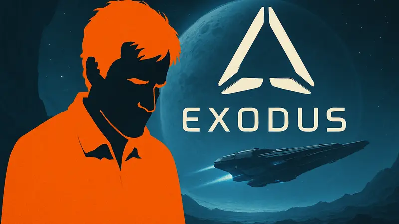 Джеймс Олен, бывший глава Archetype Entertainment, на фоне логотипа Exodus