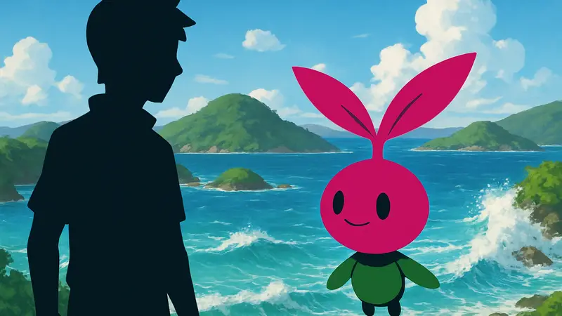 Покемон нового типа «Семя» на фоне зелёных островов и волн из Pokémon Winds & Waves.