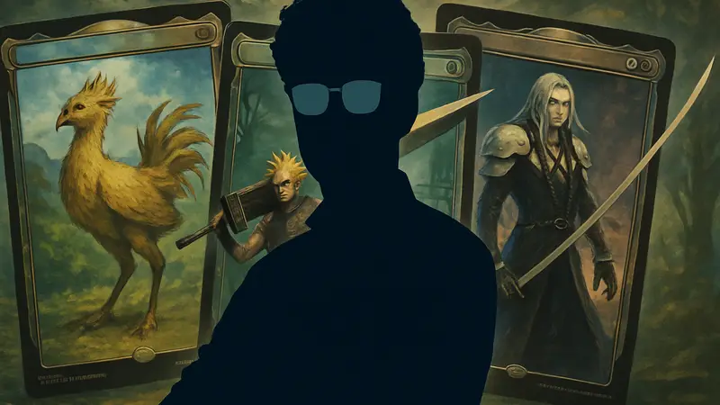 Гэвин Верхе, дизайнер Magic: The Gathering, на фоне карт Final Fantasy MTG.