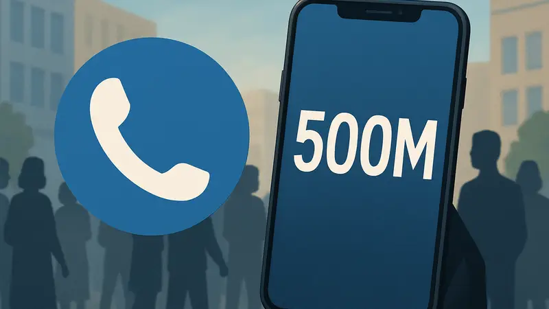 Логотип Truecaller на фоне смартфона, показывающего 500 миллионов пользователей