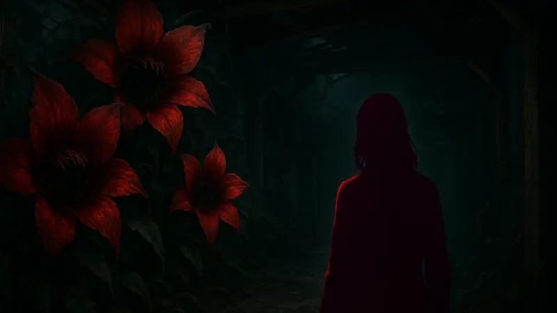 Скриншот из хоррор-игры The Florist, показывающий зловещие цветы и мрачную локацию.