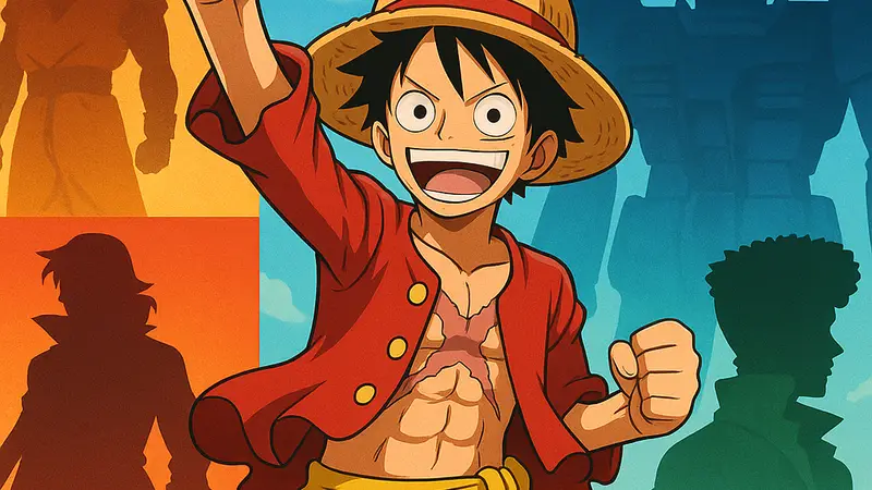 Афиша аниме One Piece с намёками на другие классические аниме-сериалы, повлиявшие на его создание.