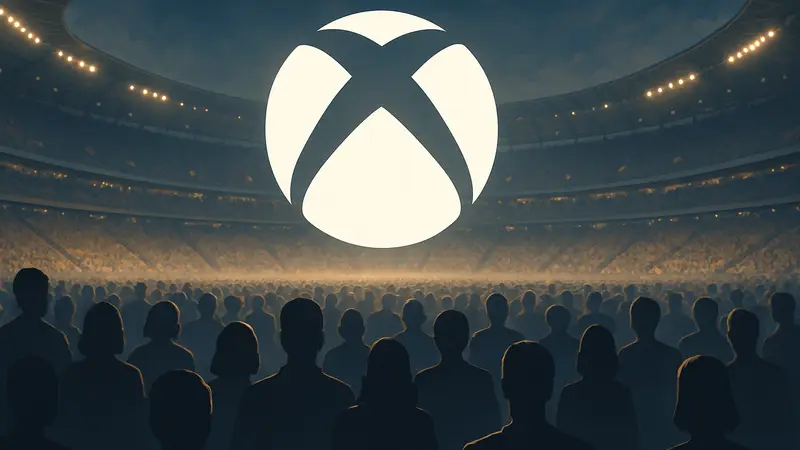 Логотип Xbox на фоне многолюдного стадиона, символ амбициозных целей компании, игровая аудитория