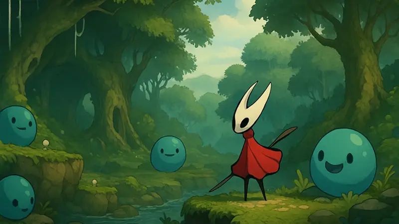 Игровой скриншот из Dewdrop Dynasty, показывающий мир в стиле Silksong с элементами Slime Rancher.