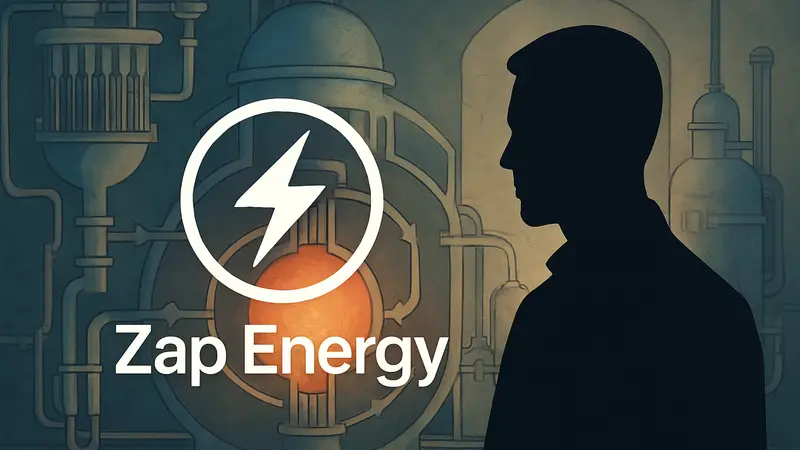 Логотип Zap Energy на фоне схематического изображения ядерного реактора.
