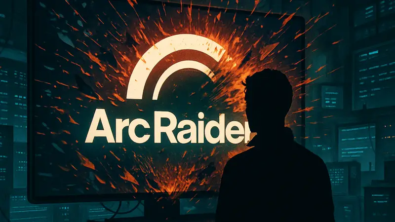 Изображение логотипа Arc Raiders с эффектами сетевой атаки на фоне.