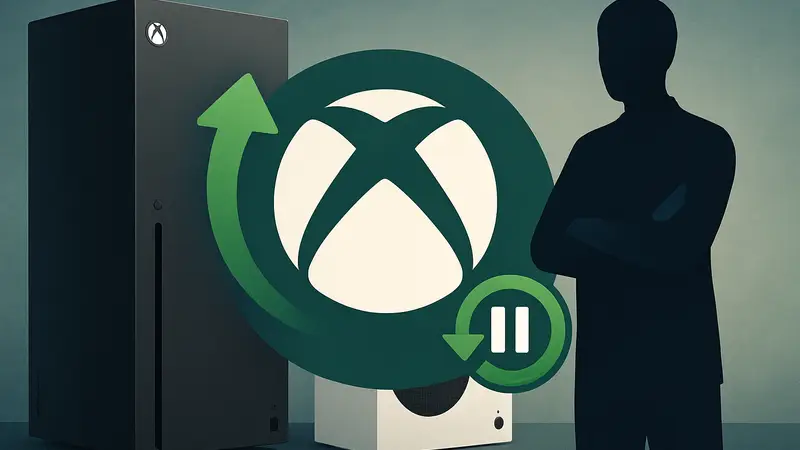 Логотип Xbox на фоне консолей Series X/S, символизирующий системное обновление и функцию Quick Resume.