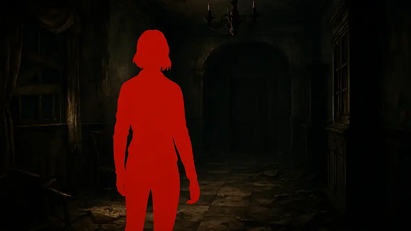 Скриншот из Resident Evil Requiem с фиксированной камерой, показывающий Леона или Грейс.