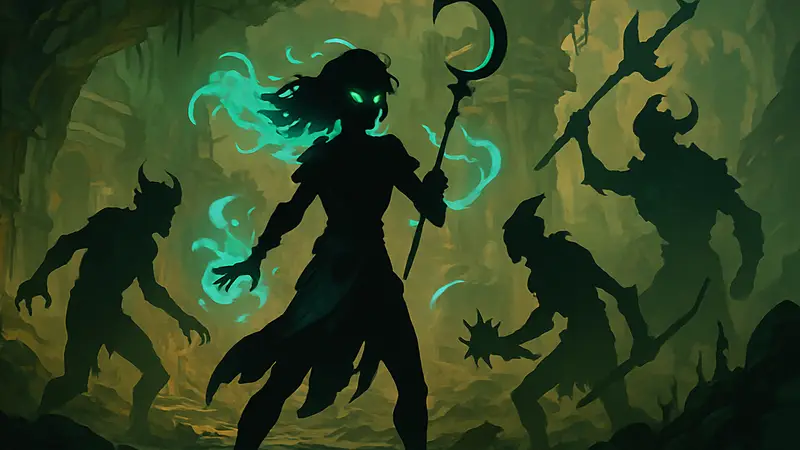 Арт из игры Hades 2 с главной героиней Мелиноей, демонстрирующий её магические способности и врагов Подземного мира.