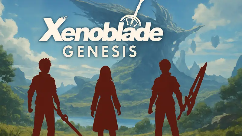 Логотип Xenoblade Genesis с персонажами и миром игры на фоне