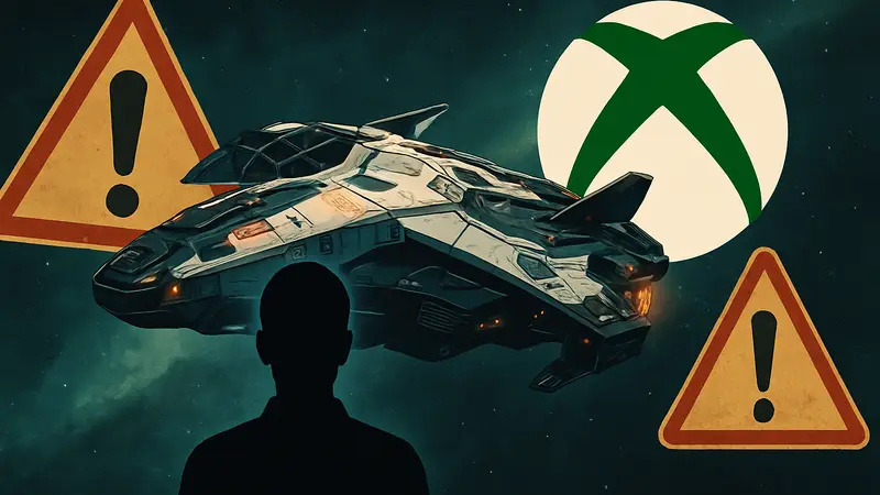 Изображение космического корабля из игры Elite Dangerous на фоне предупреждающих знаков и логотипа Xbox.
