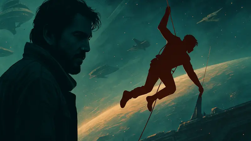 Кадр из сериала «Андор» с Кассианом Андором, наложенный на постер «Миссии невыполнимой» в космическом антураже.