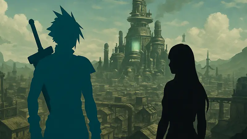 Иллюстрация главных персонажей Final Fantasy VII, Клауда и Тифы, на фоне Мидгара.