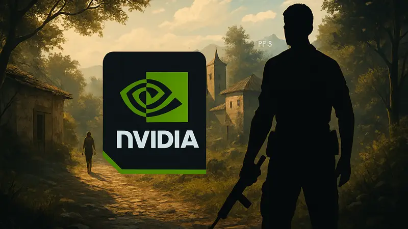 Логотип Nvidia GeForce на фоне скриншота игры с высоким FPS и плавностью, демонстрирующий новые драйверы.