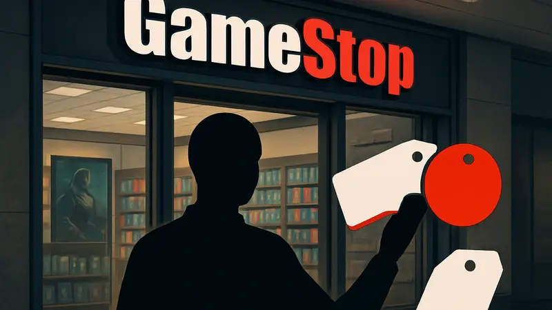 Логотип GameStop и ценники, демонстрирующие изменения в политике магазина.