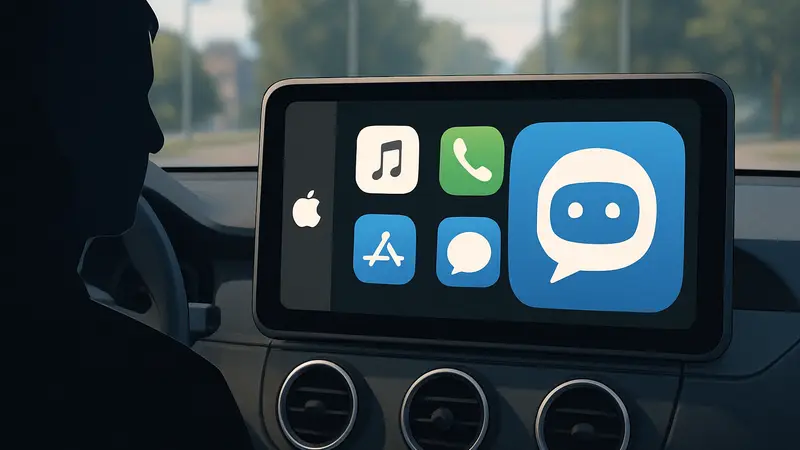 Интерфейс Apple CarPlay с иконкой чатбота, демонстрирующий интеграцию с AI, на экране автомобиля.
