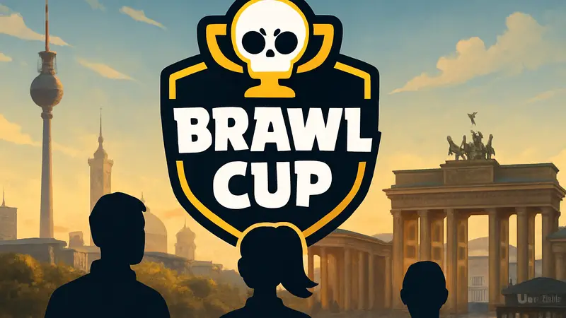 Логотип Brawl Cup на фоне силуэтов Берлина и Убер Итс Мьюзик Холл.