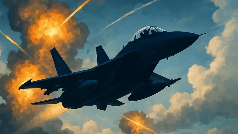 Истребитель Ace Combat в небе на фоне взрывов и облаков, имитация аркадного полёта.
